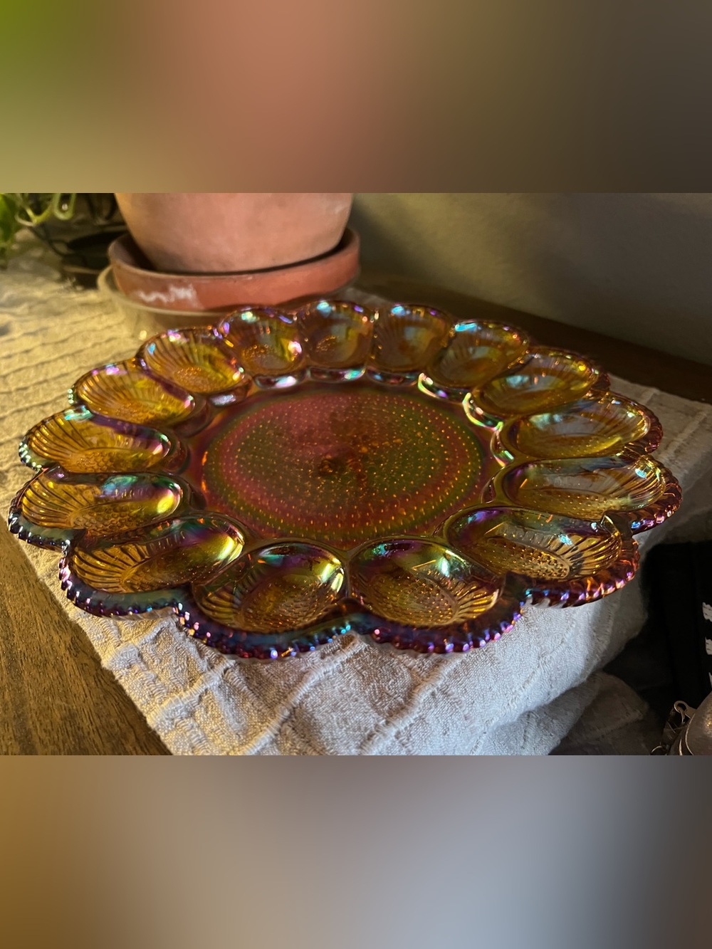 Iridescent Carnival Glass Serving Plate - Amber Finish